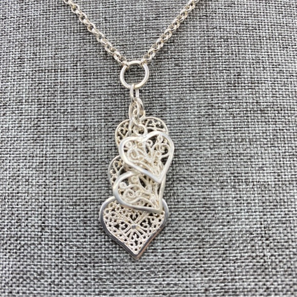 Sterling Silver Open Work Heart Cluster Chain Y-Drop Necklace Ornate Filigree - Picture 3 of 10